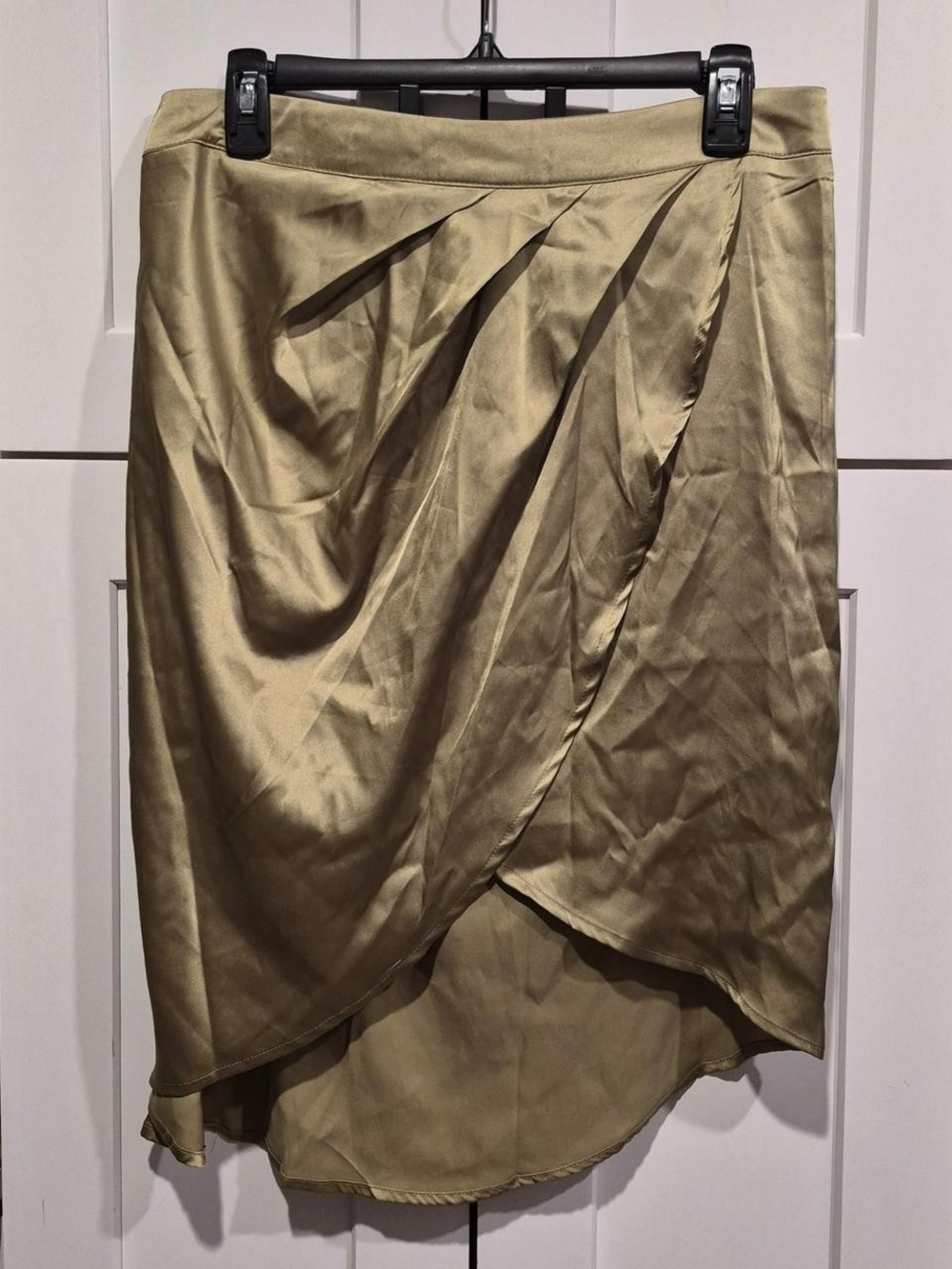 Olive Satin High-Low Faux Wrap Skirt